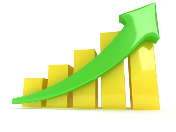 Yellow bar graph with green arrow — Stock Photo, Image