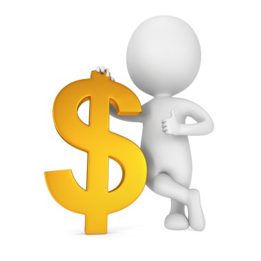 Altın dolar işareti olan 3D beyaz adam stand