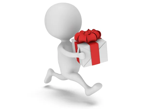 3d man icon running with gift box in his hand — Stock Photo, Image