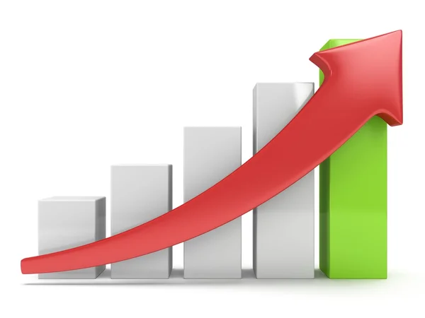 Gráfico de barras branco e verde com seta vermelha — Fotografia de Stock