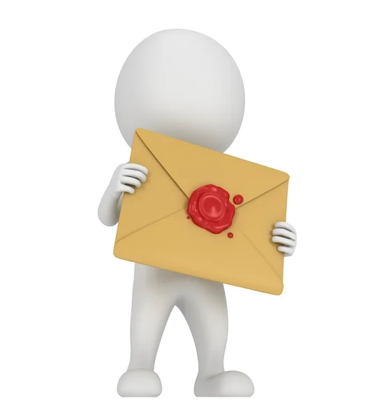 3D man and mail envelope with red wax seal — Stock Photo, Image