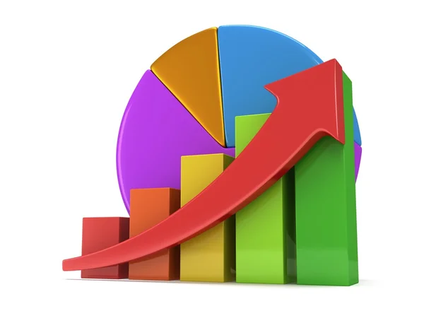 Bar graph with red arrow and pie chart — Stock Photo, Image