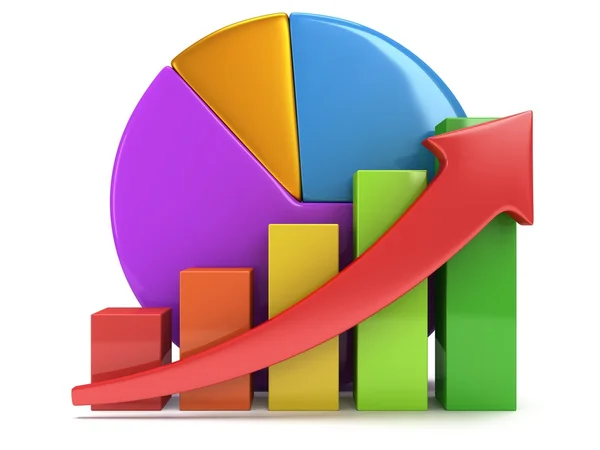 Bar graph with red arrow and pie chart — Stock Photo, Image