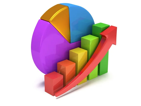 Bar graph with red arrow and pie chart — Stock Photo, Image