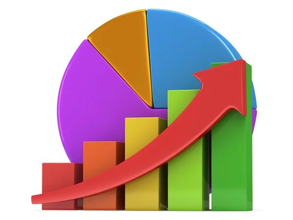 Diagramme à barres avec flèche rouge et diagramme à secteurs — Photo