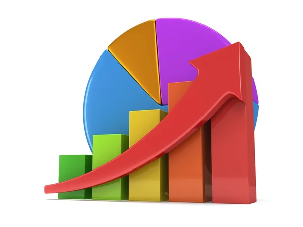 Bar graph with red arrow and pie chart — Stock Photo, Image