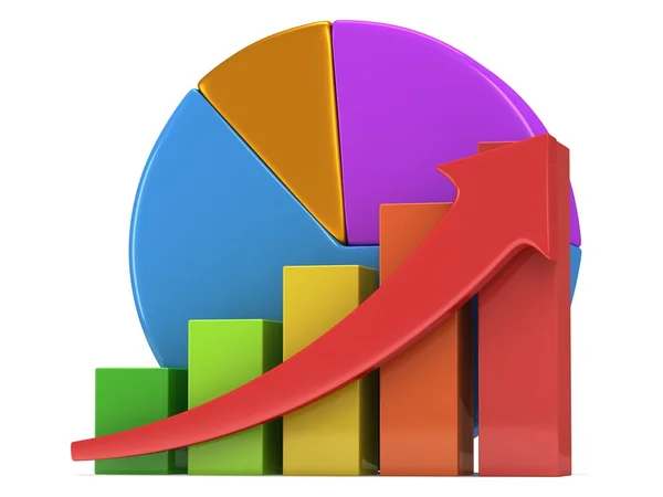 Bar graph with red arrow and pie chart — Stock Photo, Image
