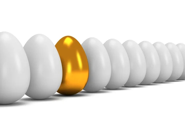 Golden egg in a row of the white eggs. 3D. — Stock Photo, Image