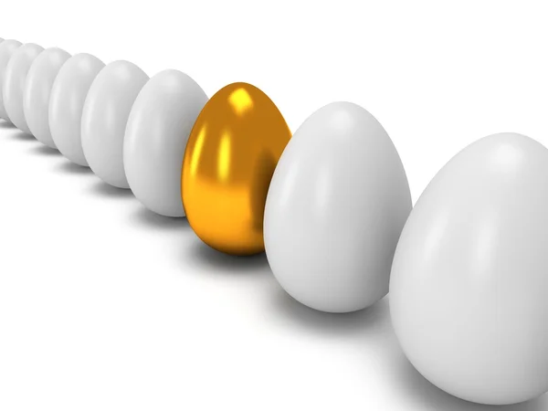 Golden egg in a row of the white eggs. 3D. — Stock Photo, Image