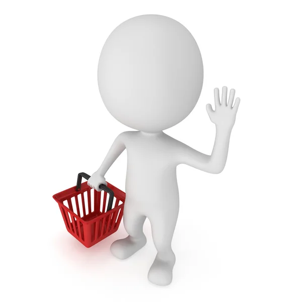 3D bílý muž stojí s červenou obchod košík — Stock fotografie