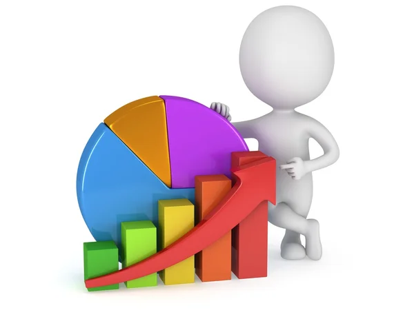 3d mand med bar graf og pie diagram - Stock-foto