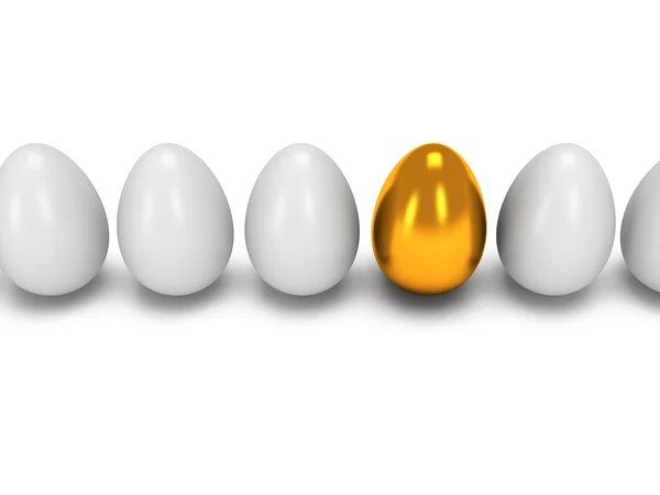 Golden egg in a row of the white eggs. 3D. — Stock Photo, Image