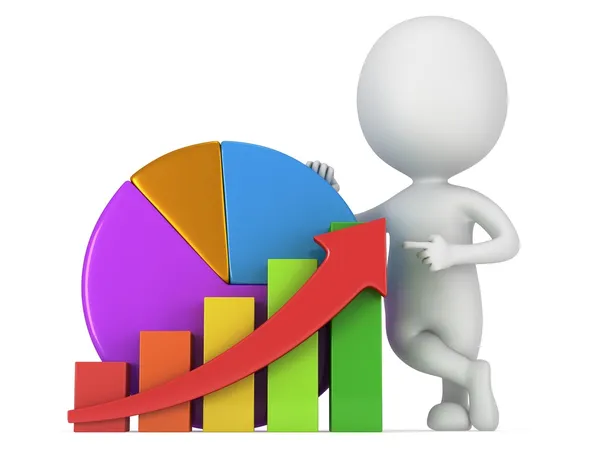 3d mand med bar graf og pie diagram - Stock-foto