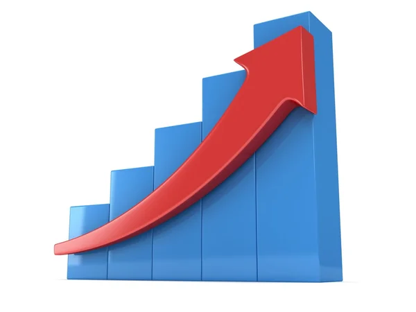 Blå stapeldiagram med röd pil — Stockfoto