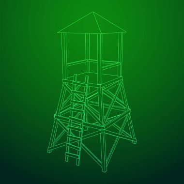 Gözetleme kulesi veya avcılar için gözlem kulesi. Kablo çerçevesi düşük poli ağ