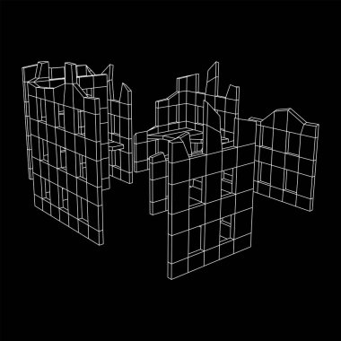 Yıkık bina, beton, savaş yıkım konsepti. Kablo çerçevesi düşük poli ağ vektör çizimi.