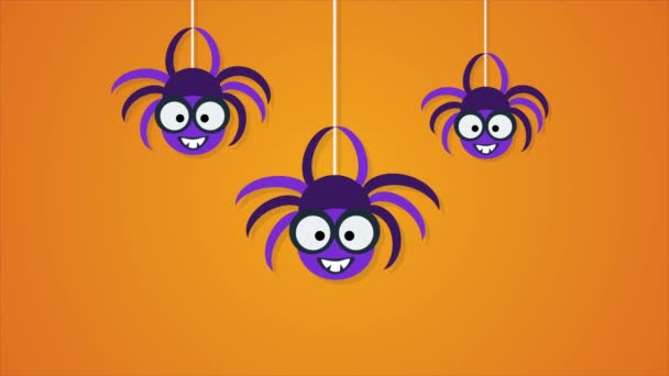 Tres lindas arañas colgantes. Feliz Halloween banner movimiento fondo — Vídeo de stock