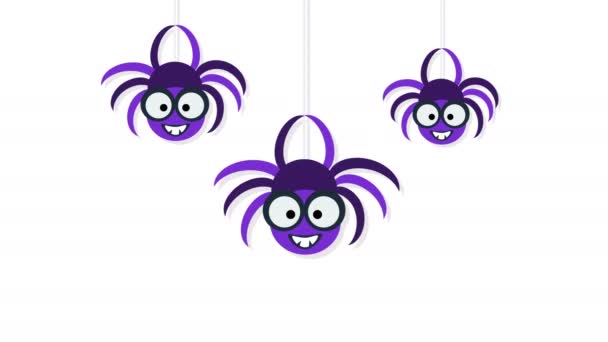 Três aranhas giras penduradas. Feliz banner de Halloween fundo movimento — Vídeo de Stock