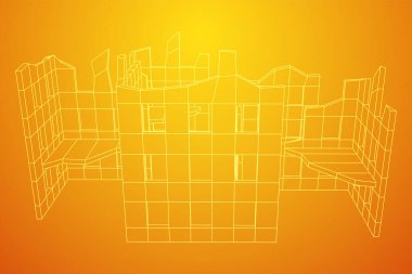 Yıkık bina, beton, savaş yıkım konsepti. Kablo çerçevesi düşük poli ağ vektör çizimi.