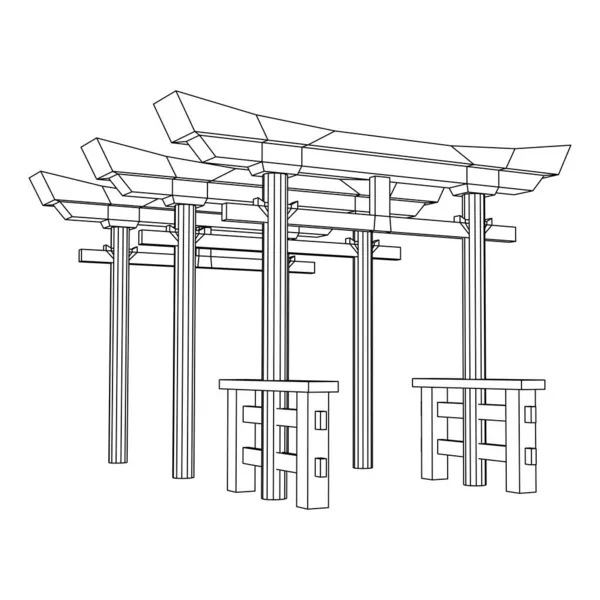 鳥居の神聖な伝統的な門 日本のシンボル 神道の宗教 日本の鳥は古代の入り口をアーチ ワイヤーフレーム低ポリメッシュベクトルイラスト — ストックベクタ