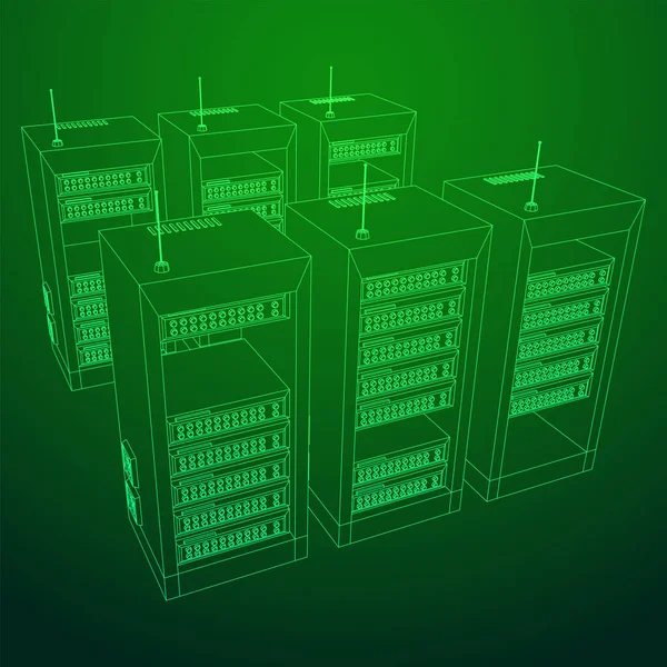 Serveur réseau de données dans l'armoire. Test diagnostique dans la technologie de salle informatique — Image vectorielle