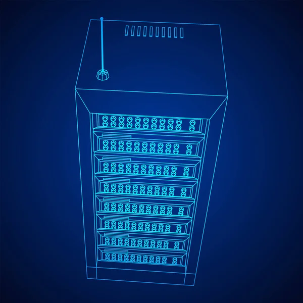 Servidor de red de datos en gabinete. Prueba de diagnóstico en tecnología de sala de ordenadores — Vector de stock