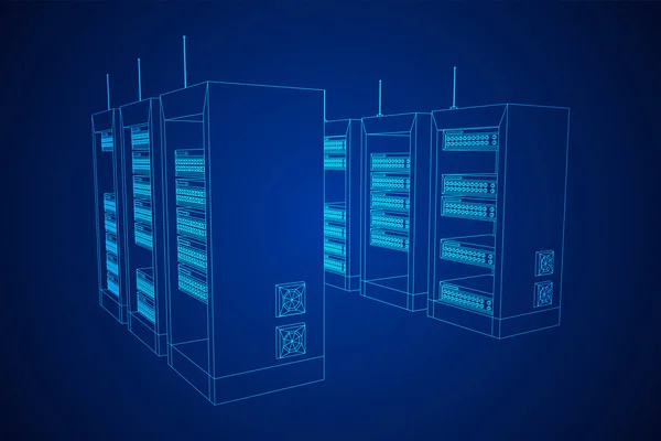 Serveur réseau de données dans l'armoire. Test diagnostique dans la technologie de salle informatique — Image vectorielle