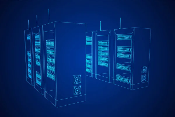 Datennetzwerkserver im Schrank. Diagnosetest in der Computerraumtechnik — Stockvektor