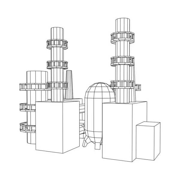 Bâtiment industriel usine de factorie centrale électrique. Treillis métallique bas poly mesh — Image vectorielle