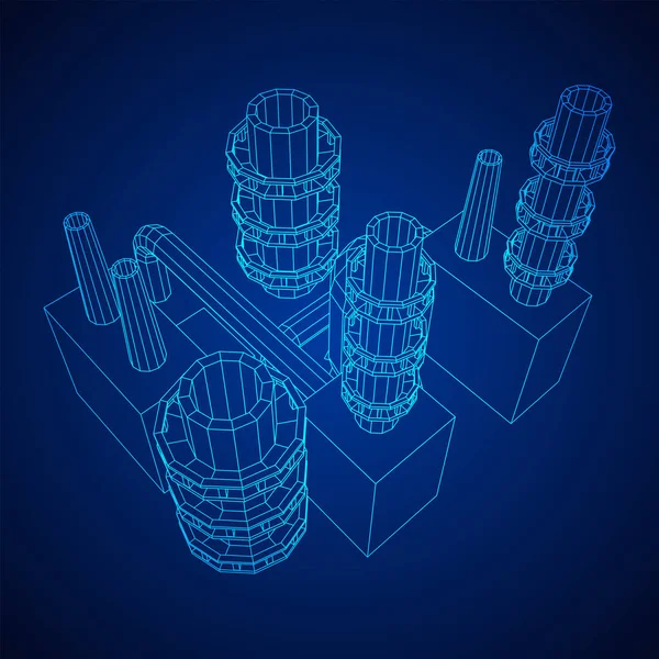 Industrial building factorie facilitie power plant. Wireframe low poly mesh Vector Graphics