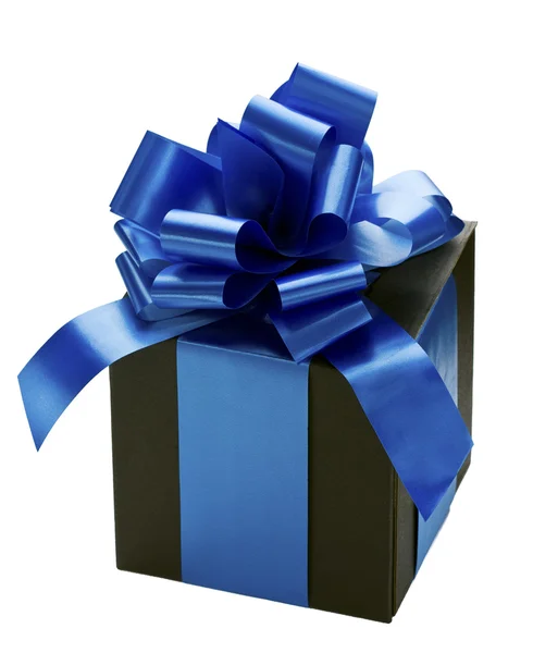 Gift Box With Blue Ribbon Bow On White — Stock Photo, Image