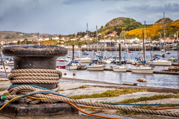 Harbour bollard with mooring ropes and colorful cables