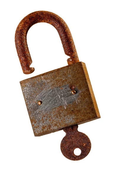 Old rusty padlock and key over white background.. — Stock Photo, Image