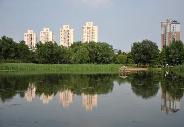 Отражение городского озера — стоковое фото