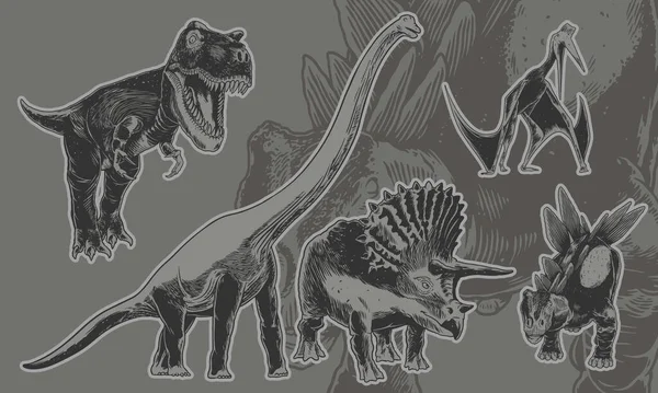 Vintage Set Dinosaurs Triceratops Stegosaurus Pterosaur Tyranosaurus Brontosaur Ilustración Retro — Vector de stock