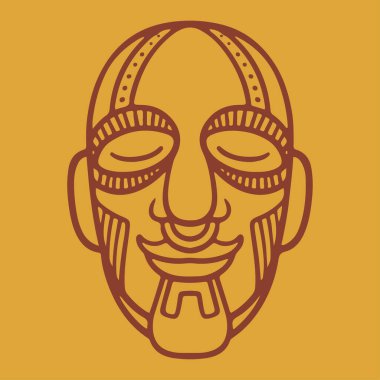 Aztek maskeli vektör simgeleri. Karikatür geleneksel dini Maya eski yüzü. Geleneksel yerli halk sembolleri, Afrika kabileleri. Renkli düz vektör illüstrasyonu.