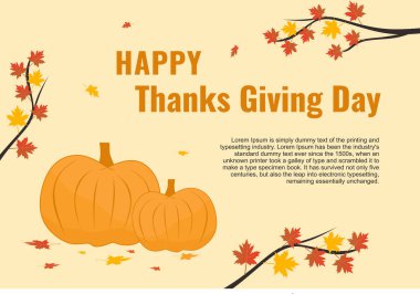 Şükran Günü bayrağınız kutlu olsun. Balkabakları ve sonbahar yapraklarıyla Şükran Günü kutlaması. Yatay tatil posteri, web sitesi başlığı. Vektör illüstrasyonu