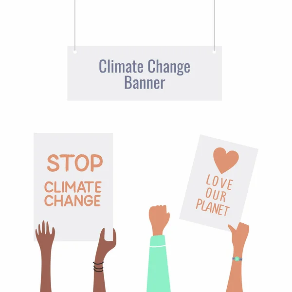 Banner Zum Klimawandel Menschen Die Gegen Den Klimawandel Demonstrieren Hände — Stockvektor