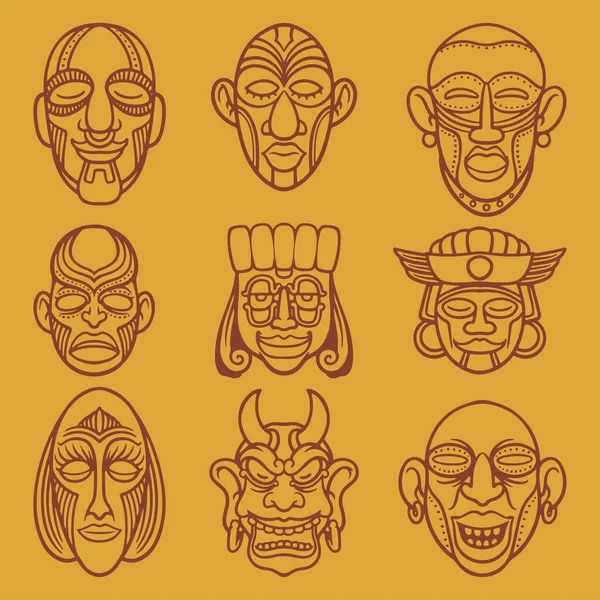 阿兹特克部落的太阳象征与人的脸 设置带有玛雅文明标志的矢量标识或纹身设计 在黄色背景上隔离的古董饰物 — 图库矢量图片