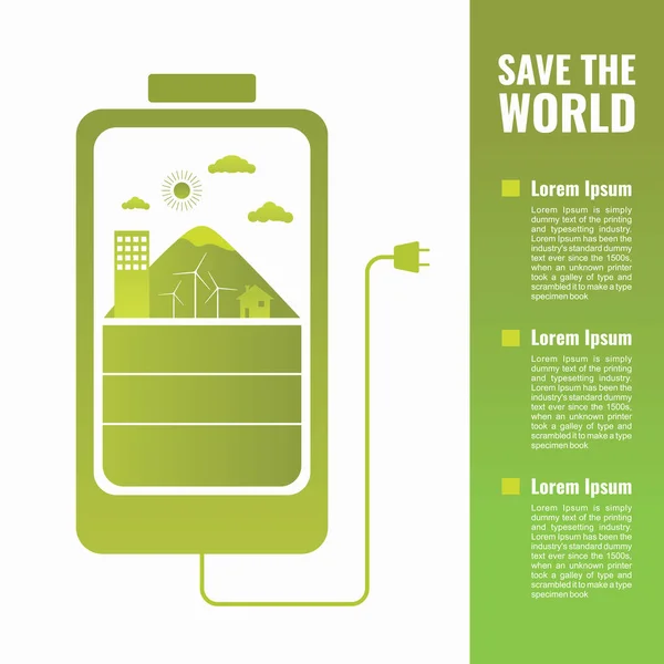 绿色能源横幅模板 Infographic World 可持续电池与隐喻创意扁平元素 自然能源发展 — 图库矢量图片