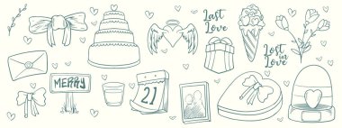 Düğün seti: kalpler, kurdeleler, kanatlar, kafesler, çiçekler, aşk mektubu. El çizimi harfler ve etiketler. Vintage vektör tasarım şablonları, davet kartları, sınırlar