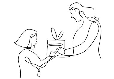 Sevgi dolu baba, kızına hediye kutusu sürprizi veriyor. Minimalist vektör çizimleri yapıyor. Babalar Günü ya da Noel kutlaması için iyi..