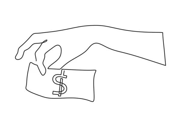 Hand Houden Dollar Geld Continue Lijn Tekening Een Hand Getrokken — Stockvector