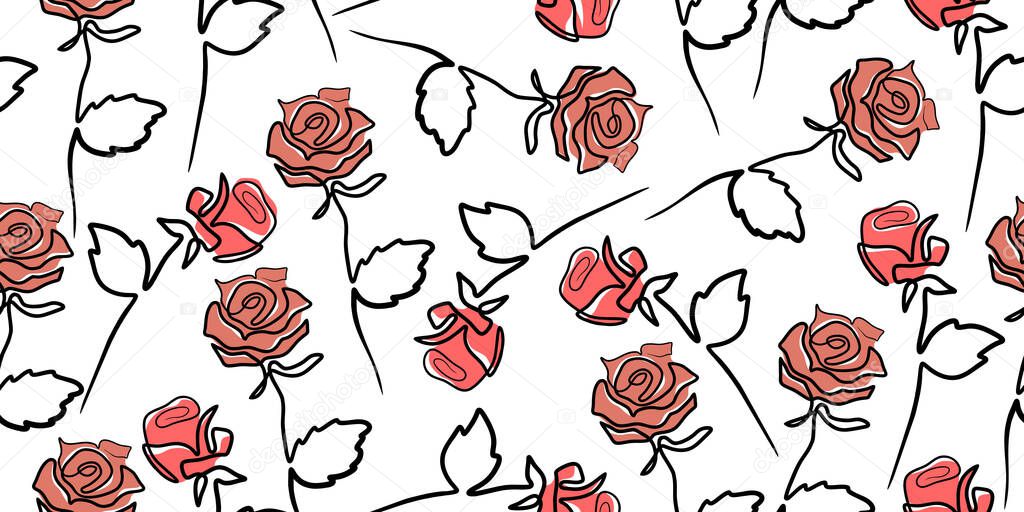 one line rose seamless pattern. Minimalist hand drawn flower vector illustration, good for textile print and wrapping. Botanical minimalism floral drawing.
