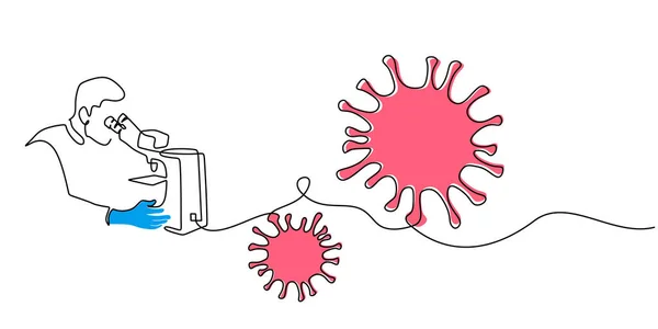 Continu Une Seule Ligne Scientifiques Faisant Des Expériences Sur Virus — Image vectorielle
