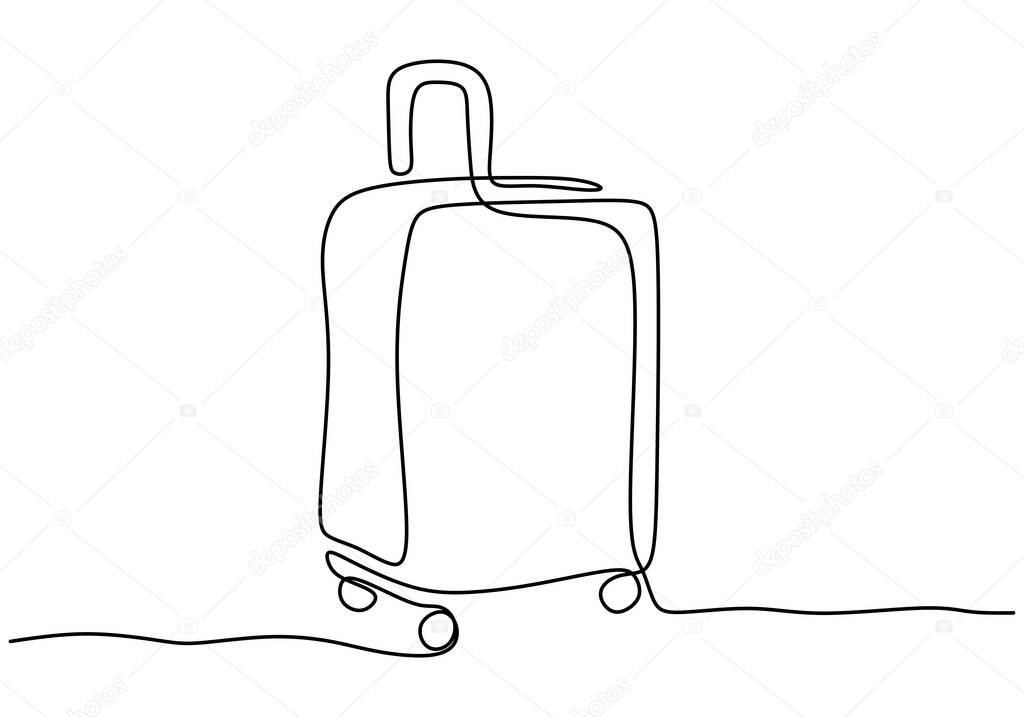 Continuous one line of a travel bag luggage stroller isolated on white background.