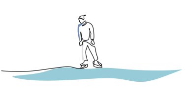 Beyaz arka planda izole edilmiş kış sporunda buz pateni yapan tek bir adam hattı devam ediyor..