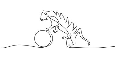 Beyaz arka planda izole edilmiş, sirk eğlencesi için top oynayan tek bir büyük kaplan hattı var.