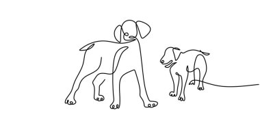 Beyaz arka planda tek bir çizgi halinde anne köpek yavrusuyla oynuyor.