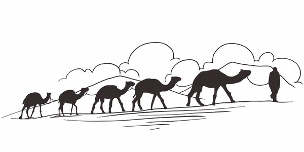 Mano Dibujada Caravana Con Camellos Desierto Camello Caminando Por Desierto — Vector de stock